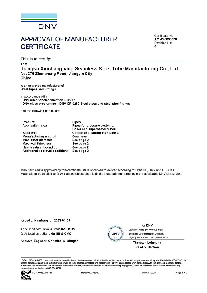 Certificat d'approbation du DNV norvégien